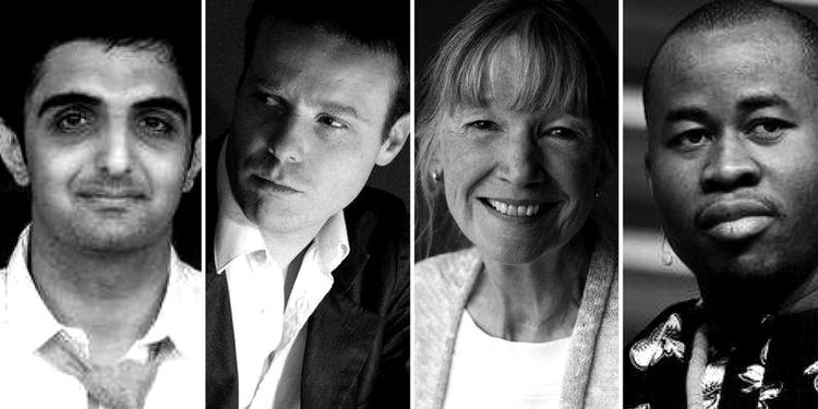 Finalister. Feltet af kandidater til Man Booker-prisen er fra England, USA, Jamaica og Nigeria. Her ses Sunjeev Sahota (England), Tom McCarthy (England), Anne Tyler (USA) og Chigozie Obioma (Nigeria). 