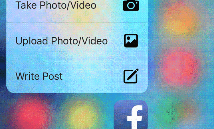 PRES. Ved at trykke lidt hårdere på Facebook-ikonet på iPhone 6S, kan man nu gå direkte til statusopdateringer eller foto-upload. Det sker efter, Facebook har opdateret deres app til at understøtte 3D Touch (Foto: Screenshot). 