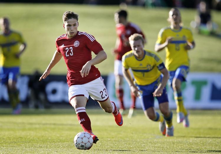 MÅLSCORER. Efter at have lagt op til kampens største chance scorede  Andrew Hjulsager selv sejrsmålet mod Bulgarien. 