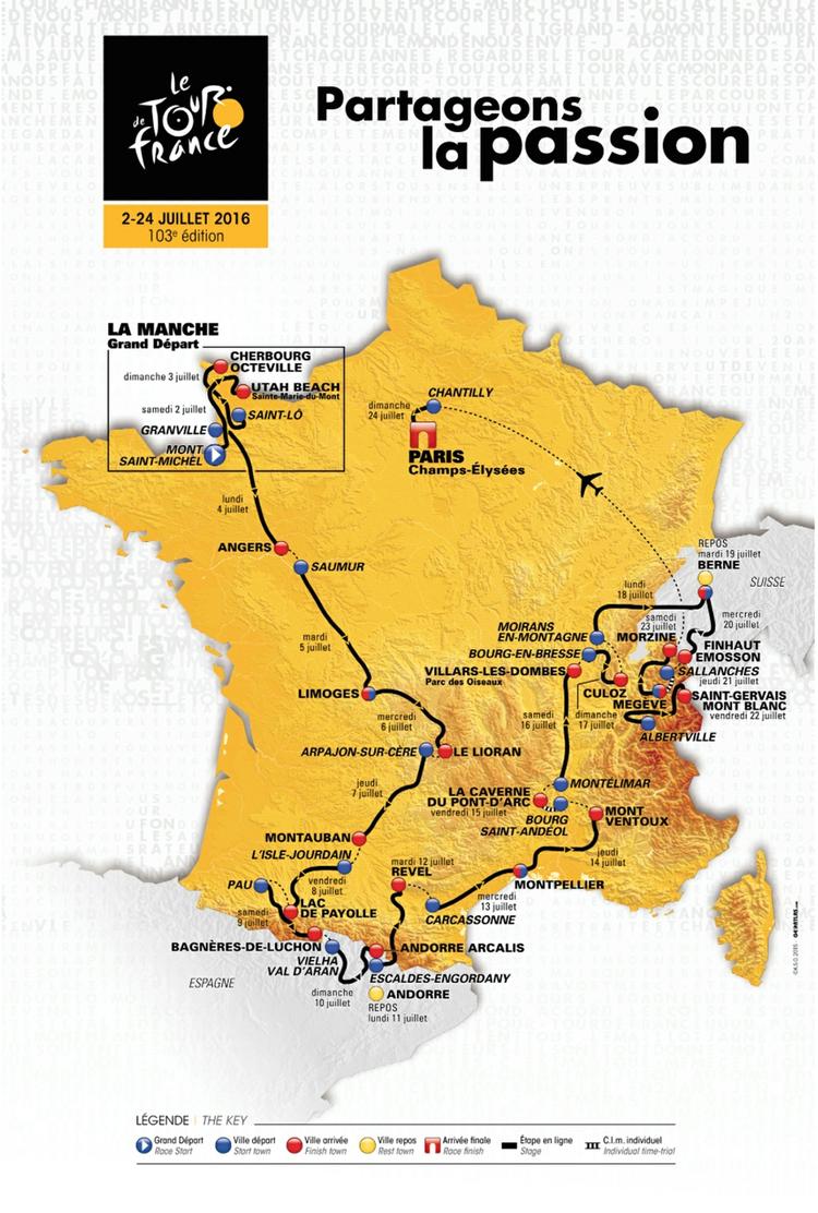 2016. Tour de France starter næste år i Normandiet, kører Frankrig rundt mod uret med afstikker til Spanien, Andorra og Schweiz og ender naturligvis i Paris. 