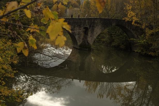 Spanien. Broen Magdalena bridge over floden Arga i Pamplona. 