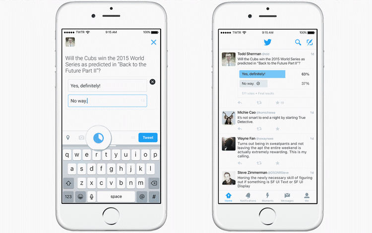 VALG. Twitter vil nu lade alle sine brugere sætte afstemninger op. Det kan man bruge til at spørge Twitter-hjernen om man skal købe en ny vare eller lade være. Eller også kan man bare bede folk stemme om sportsresultater (Foto: PR/Twitter). 