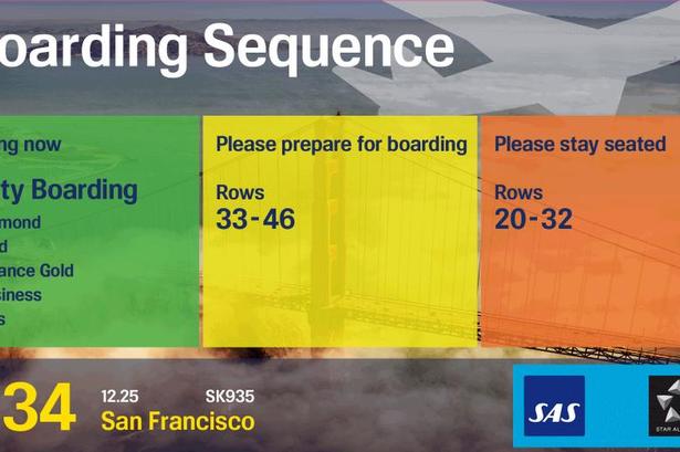 NYUDVIKLEET. Skærme viser en ny type information, når folk skal boarde. Farverne fortæller, hvad man skal gøre. 