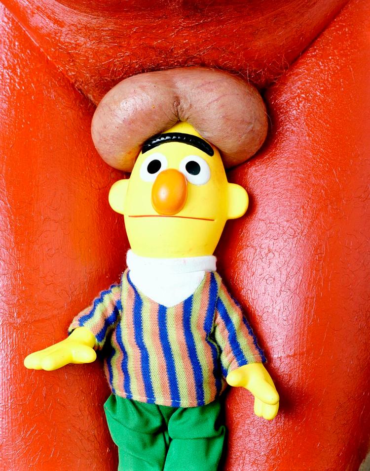 Turban? Her ses dukken Bert fra tv-serien 'Sesame Street' anbragt mellem kunstnerens egne ben og med sammes pung lagt over hovedet som en interimistisk turban. 