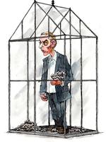 Dårligdomme. Sagen om bilagssvindel gør det svært for Messerschmidt at trænge igennem med sine politiske synspunkter. Tegning: Roland Als 