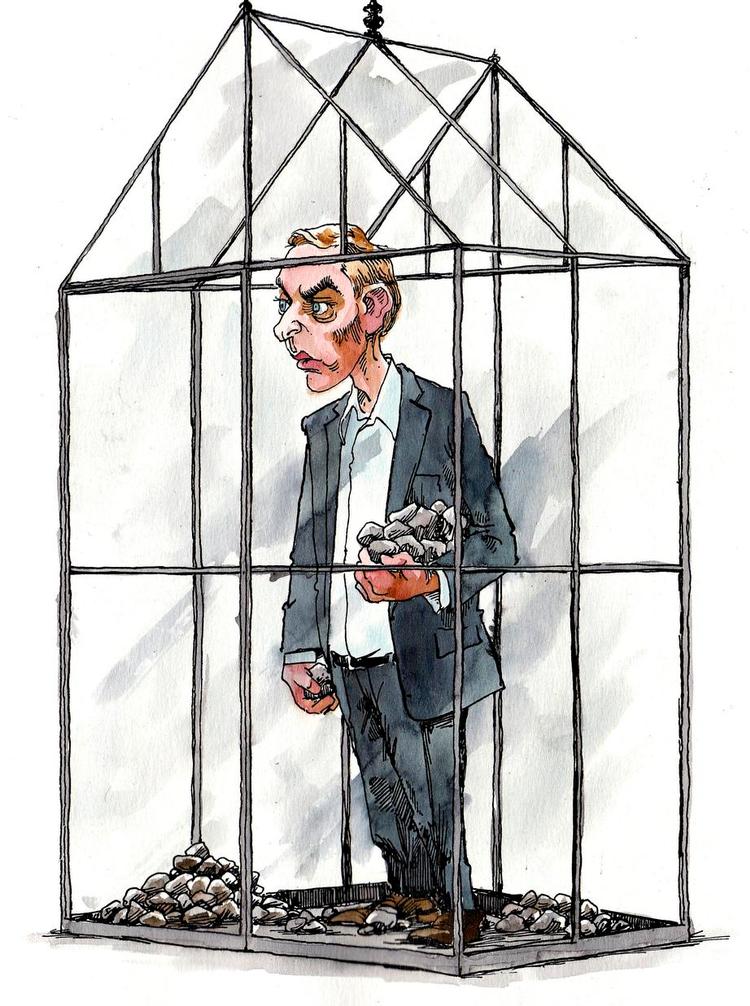 Dårligdomme. Sagen om bilagssvindel gør det svært for Messerschmidt at trænge igennem med sine politiske synspunkter. Tegning: Roland Als 