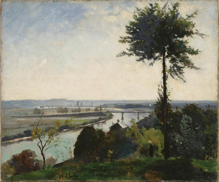 Træer. Hills maleri af Træet og flodkrumningen, som han malede i Frankrig i 1877. 