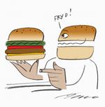 Fastfood. Miljø- og sundhedsminister Eva Kjer Hansen har udnævt to personer fra toppen af dansk fastfooderhverv, til at sidde i Madkulturens bestyrelse, Tegning: Per Marquard Otzen 