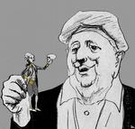 Fortæller. Dario Fo (f. 1926) er skuespiller, forfatter og instruktør og har tidligere høstet mange roser. Bl.a. vandt han i 1997 Nobelprisen i litteratur. Tegning: Anne-Marie Steen Petersen 