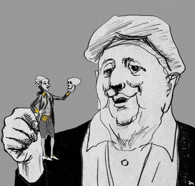 Fortæller. Dario Fo (f. 1926) er skuespiller, forfatter og instruktør og har tidligere høstet mange roser. Bl.a. vandt han i 1997 Nobelprisen i litteratur. Tegning: Anne-Marie Steen Petersen 