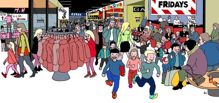 KØBEHYGGE. Familier i tusindtal strømmer til shoppingcentret i efterårsferien, viser nyeste tal. Centrene er populære på grund af deres bekvemmelighed, mener trendeksperter, men andre udflugtsmål behøver ikke føle sig truede, lyder vurderingen. Tegning: Anne-Marie Steen Petersen. 