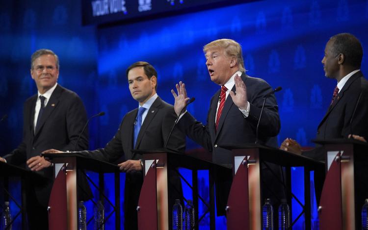 Debat. Fra venstre Jeb Bush, Marco Rubio, Donald Trump og Ben Carson. 
