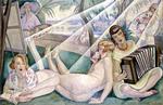 Sommerflirt. 'En sommerdag' i 1927 malede Gerda Wegener både Einar, ved staffeliet, og Lili, der ligger rygvendt og nøgen i ét og samme billede. Stilen er her tidstypisk i sin variation over kubismen, der får lyset til at falde i næsten håndfaste stråler. 