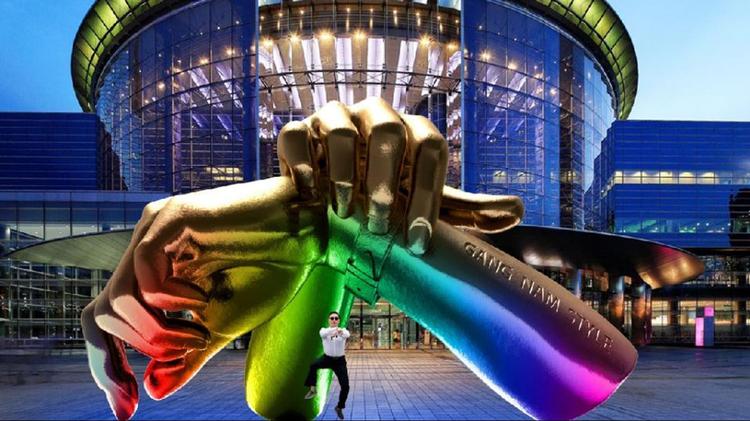 SKULPTURDANS. Sådan kommer Gangnam-statuen til at se ud ifølge en computertegning. 