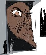 Overvågning. Med tak til George Orwells roman '1984' har Boualem Sansal begået en islamisk skrækversion anno 2084. Big Brother hedder nu Bigaye. Illustration: Mette Dreyer 