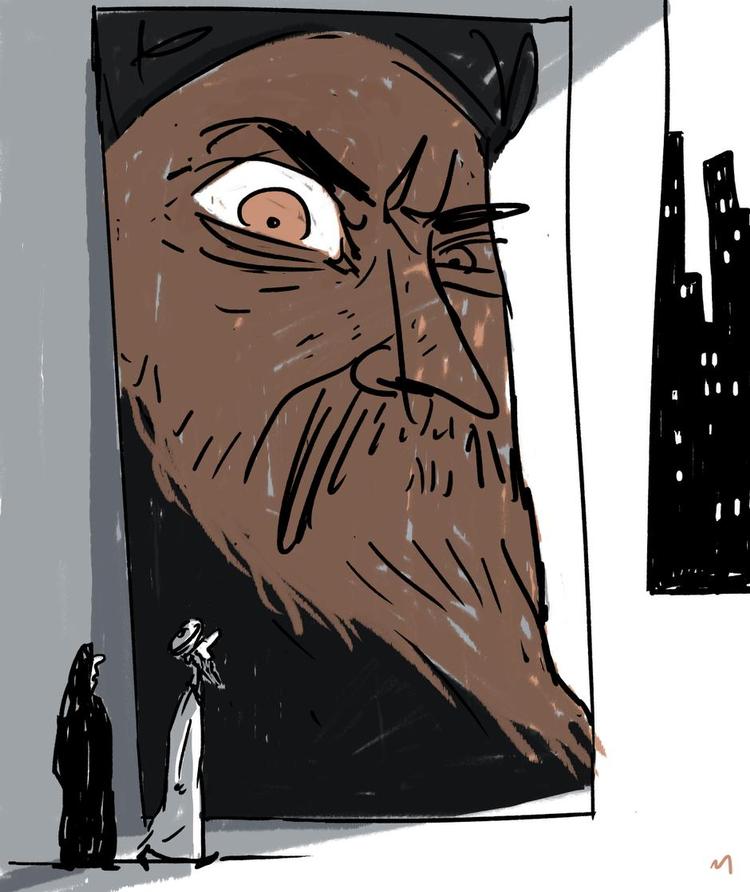 Overvågning. Med tak til George Orwells roman '1984' har Boualem Sansal begået en islamisk skrækversion anno 2084. Big Brother hedder nu Bigaye. Illustration: Mette Dreyer 