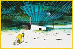 rammer. Ud over den gule indramning af krydsfiner er John Kørners litografi 'Understanding the impact of Architecture (3)' fra 2014 også udstyret med en kraftig ramme i sortmalet asketræ. Kunstneren har selv designet rammerne. Det afgørende er dog motivet med den kravlende pige og perspektivlinjerne, der nærmest suger beskueren ind i dybden. 