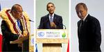 Klimatopmøde. Fra de synkende østater, som bl. a. Marshalløernes præsident Christopher J. Loeak talte for, til verdens stormagter repræsenteret af USA’s Barack Obama og Ruslands Vladimir Putin, samledes nationerne i Paris til åbningen af det længe ventede klimatopmøde, som – med flere af talernes ord – skal redde planeten for de fremtidige generationer. <fotograf>Fotos: Evan Vucci og Michael Euler/AP 