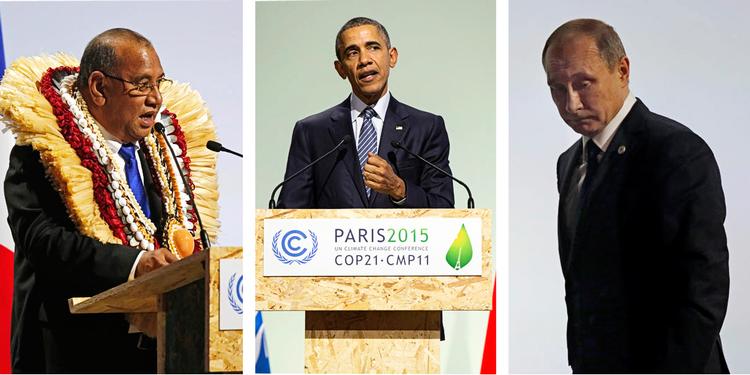 Klimatopmøde. Fra de synkende østater, som bl. a. Marshalløernes præsident Christopher J. Loeak talte for, til verdens stormagter repræsenteret af USA’s Barack Obama og Ruslands Vladimir Putin, samledes nationerne i Paris til åbningen af det længe ventede klimatopmøde, som – med flere af talernes ord – skal redde planeten for de fremtidige generationer. <fotograf>Fotos: Evan Vucci og Michael Euler/AP 