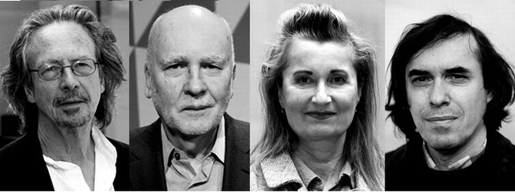 Fra venstre mod højre er det: Peter Handke fra Østrig, Adam Zagajewski  fra Polen, Elfriede Jelinek fra Østrig og Mircea Cartarescu fra Rumænien. 
