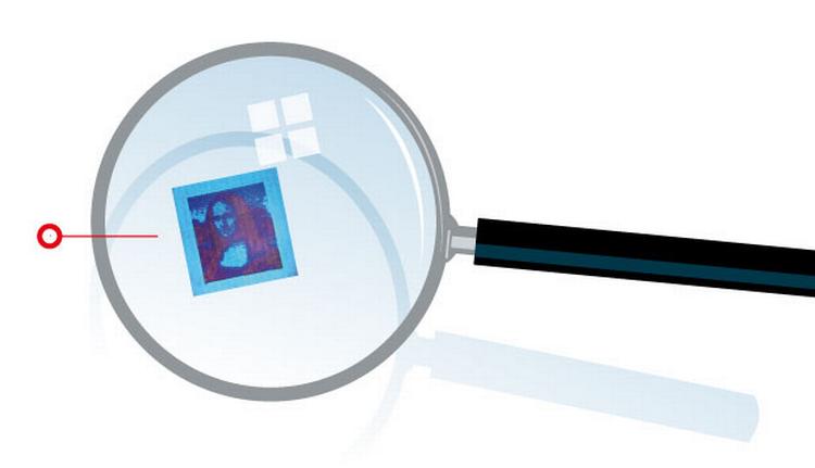 Illustration. Det danske print af Mona Lisa i en hidtil uset høj opløsning er så lille, at man skal bruge et kraftigt forstørrelsesglas til at se den ikoniske kvinde. Opfindelsen kan revolutionere laserprintteknologien (Grafik: Jens Mørch) 