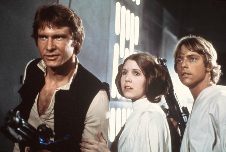 Legendarisk. Harrison Ford, Carrie Fisher og Mark Hamill fra Star Wars i 1977 som hhv. Han Solo, Leia og Luke Skywalker. 