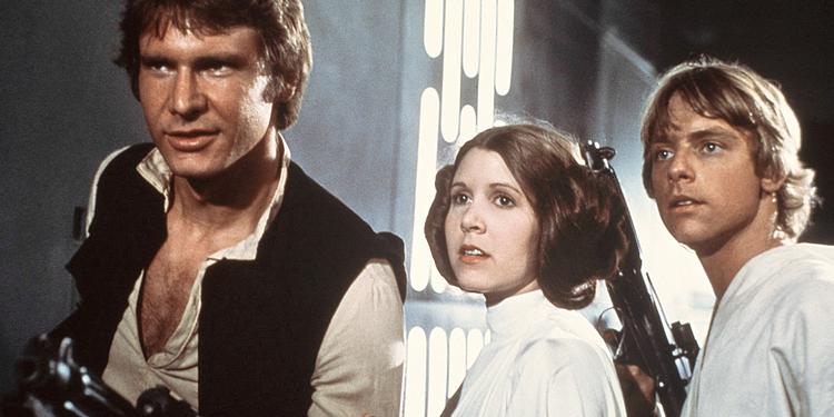 Dengang. Han Solo, prinsesse Leia og Luke Skywalker tilbage fra den første Star War 'Et nyt håb' fra 1977. 