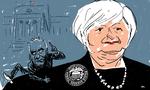 umage. Forbrugeraktivisten Ralph Nader og chefen for den amerikanske centralbank, Janet Yellen. Tegning: Mette Dreyer 