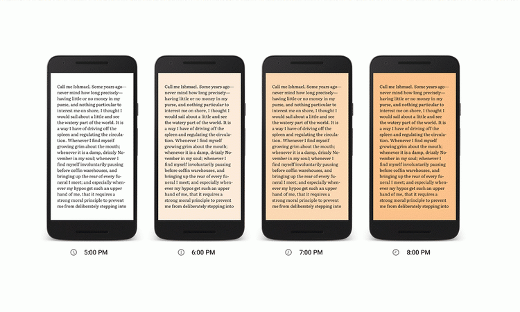 GODNAT. Når du læser e-bøger på din Android-enhed via app'en Google Play Books, kan denne nu tage hensyn til dit søvnbehov ved at ændre skærmlyset, når det bliver sent (Foto: Google). 