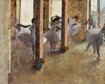 Komposition. Sære beskæringer er typisk for Degas, og dette er ingen undtagelse. Fjernelsen af rammen afslører et felt i venstre side, der kunne ligne hjørnet af en væg. Edgar Degas: 'Danseøvelser i foyeren' (1880'erne). 