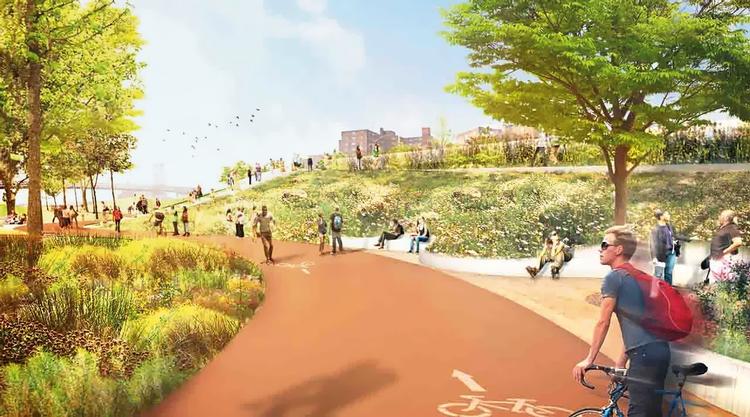 Klimaplan. Danske Bjarke Ingels Group har designet det såkaldte Big U, der skal beskytte store dele af Manhattan mod orkaner og oversvømmelser. Illustration fra Bjarke Ingels Group. 