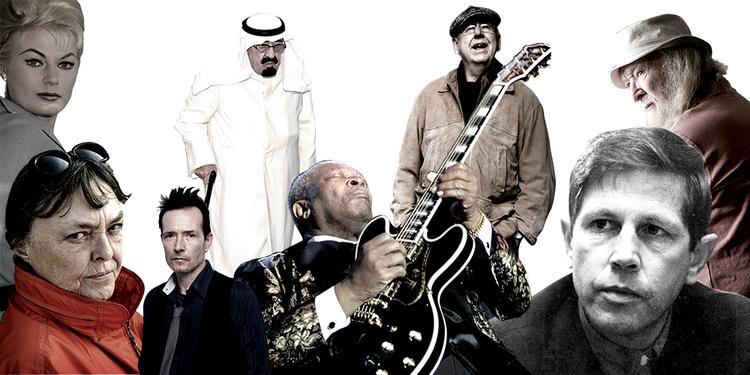 Farvel. Fra venstre mod højre ses: Anita Ekberg, Inge Eriksen, Scott Weiland, Kong Abdullah, B.B. King, Klaus Rifbjerg, Tage Skou-Hansen og Hugo Rasmussen. 