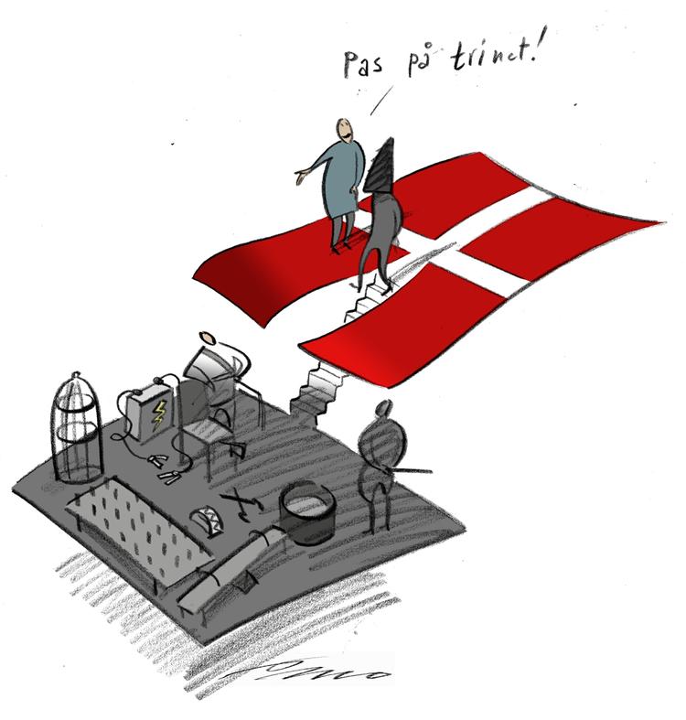 Spørgsmål. Har regeringen har sagt ja til at lade det gedulgte fangeprogram anvende danske lufthavne? Tegning: Per Marquard Otzen 