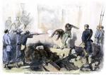 Kommunistiske fanger henrettes i Paris 1871. Farbelagt gravering fra en samtidig amerikansk avis. 1871. Pariserkommunen byggede blandt andet på anarkistiske og socialistiske ideer. 