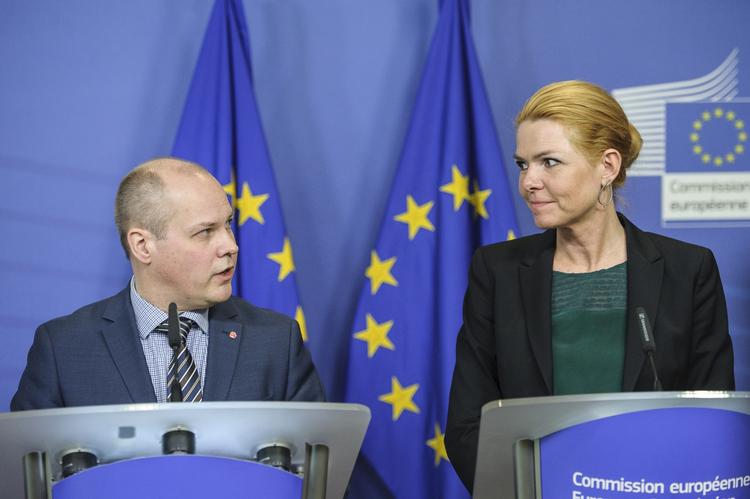 Pressemøde. Den svenske justits- og integrationsminister, Morgan Johansson, sammen emd sin danske kollega Inger Støjberg  i Bruxelles. 