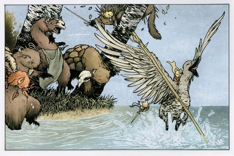 Drama. Musekvinden Em har fundet frem til musegarderen Celanawe, som endnu ikke ved, hvad hun vil ham, da de bliver nødt til at flygte fra fjender på en and. Celanawe er vores lille hovedperson, som hænger her i vingen. Tegning: David Petersen. 