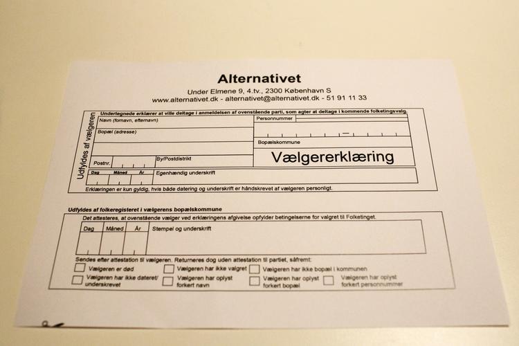 valg.  Vælgererklæring til det nye parti Alternativet, der som bekendt kom ind i Folketinget. Nu bliver det også muligt at erklære sin støtte digitalt. 