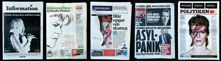 Bowie. Den afdøde musiker med mere pryder avisernes forsider i dag. Illustration: Liv Ajse 
