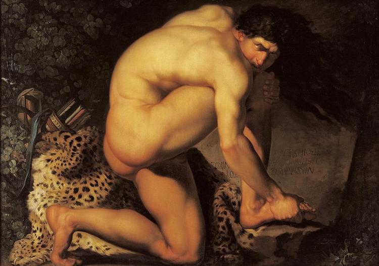 Hovedværk. Nicolai Abildgaard: 'Den sårede Filoktet'. 1775. Olie på lærred, 123 x 175,5 cm. Abildgaard (1743-1809) ankom til Rom i 1772 for at studere byens rige kunstsamlinger og blev der i næsten 5 år. Tilbage i København blev han professor ved Kunstakademiet. Hans største opgave blev ti store malerier til det daværende Christiansborg Slot af de oldenborgske kongers historie. Syv af disse overlevede ikke, da slottet brændte i 1794. 