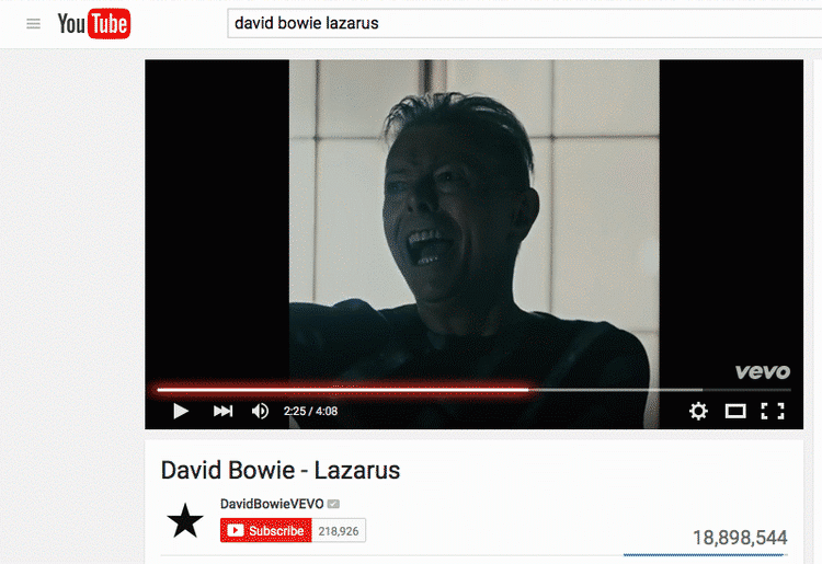 AFSKED. David Bowies sidste musikvideo, Lazarus, er samtidig et gigantisk, viralt hit på YouTube og er blevet det på kun få dage (Foto: Screenshot/YouTube). 