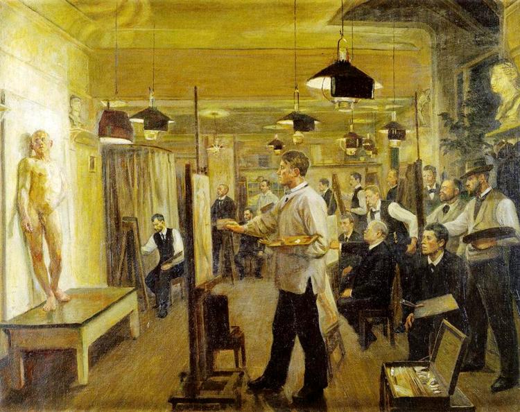 Nøgenstudie. Mange af Fynboerne fik timer hos Kristian Zahrtmann i København. Poul S. Christiansen, der malede 'Zahrtmanns malerskole' i 1899, var en af dem. 