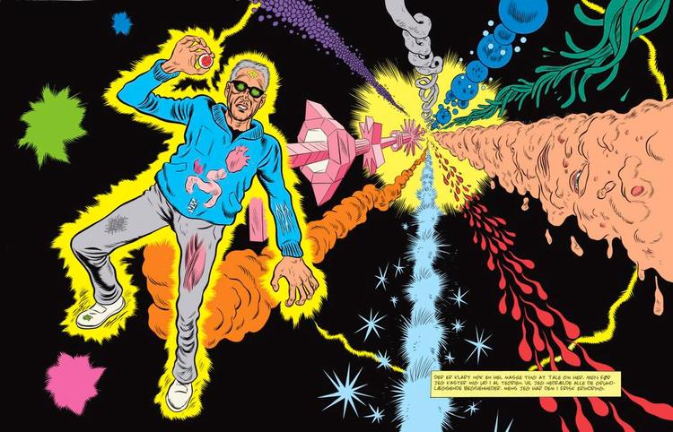 Tidsspring. Synerne for det indre blik låner farver fra 1940'ernes søndagsserier på billigt avispapir og strukturelle mønstre fra 1970'ernes syrede undergroundserier, når Daniel Clowes' hovedperson tager turen fra 2012 til 2029 i ét ryk. Tegning fra bogen: Daniel Clowes 