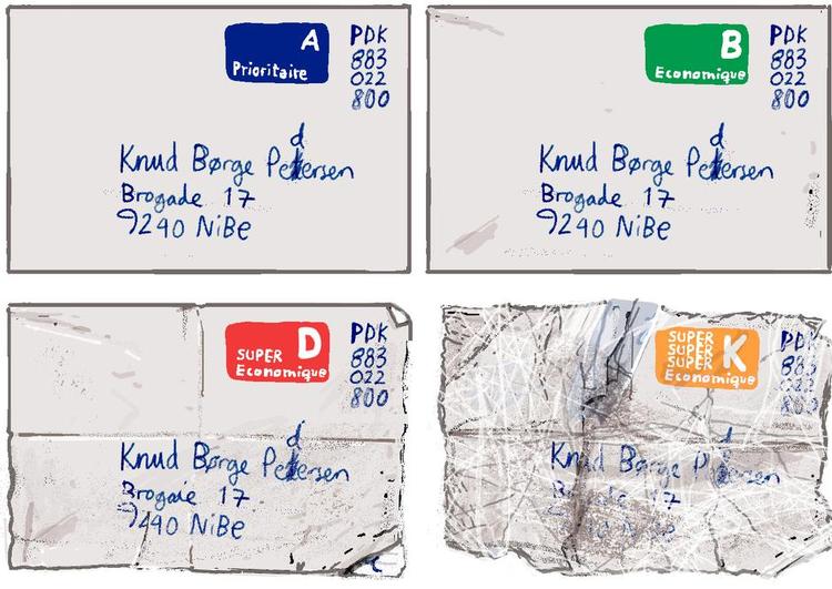 Postalrevolution. De to øverste brevforsendelsestyper findes allerede i sortimentet hos Post Danmark. Det hurtige A-brev koster 19 kroner, men så kan man også regne med, at det bliver leveret, dagen efter man har smidt det i postkassen. B-post koster en 8-krone og kan være op til fire hverdage om at finde frem til modtageren. D-post, eller super economique, koster blot 2 kroner, men så garanterer Post Danmark heller ikke andet, end at det bliver sorteret på en af landets postdistributionscentraler og bliver fragtet et sted hen af et menneske i en postuniform. Og så er der den nye postperle, K-post, eller super super super economique, hvor du ved aflevering af brevet modtager en 5-krone, hvorefter dit brev vil blive brugt som isolering i en statsejet bygning eller kørt direkte til nærmeste forbrændingsanlæg, hvor det vil blive omdannet til fjernvarme, som vi alle kan få glæde af. 