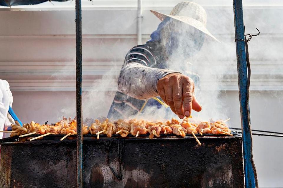THAILAND. »Billedet af den osende grill blev taget uden for templet Wat Pho i Bangkok, hvor en stribe madboder var placeret hen ad fortovet«. Ord og foto: Peder Bjerring 