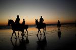 STRANDFERIE. Turister til hest ved Cadiz i Spanien. 