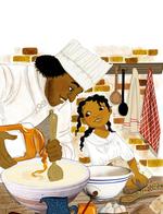 Køkkenslaver. George Washingtons personlige kok, Hercules i køkkenet med sin datter, Delia, som også agerer historiens fortæller. Klik på billedet for fuld størrelse. 