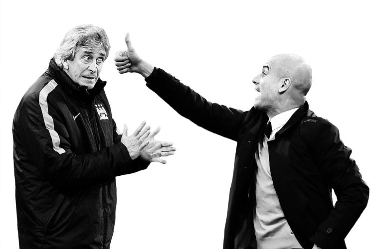 svingdør. Manuel Pellegrini (tv.) viger trænersædet i Manchester City for Pep Guardiola, der er blevet ansat på en tre år lang kontrakt. Foto: AP/Billedmanipulation. 