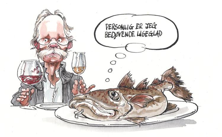 Vin. Det kræver noget af fisken og rødvinen, hvis de to skal gå sammen. Tegning. Roald Als. 