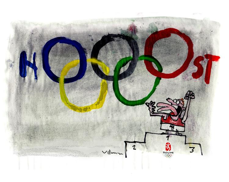 Host. Danskerne må være mestre i at hoste. Der bliver i hvert fald hostet på livet løs i øjeblikket. - Tegning: Jørn Villumsen (arkiv) 