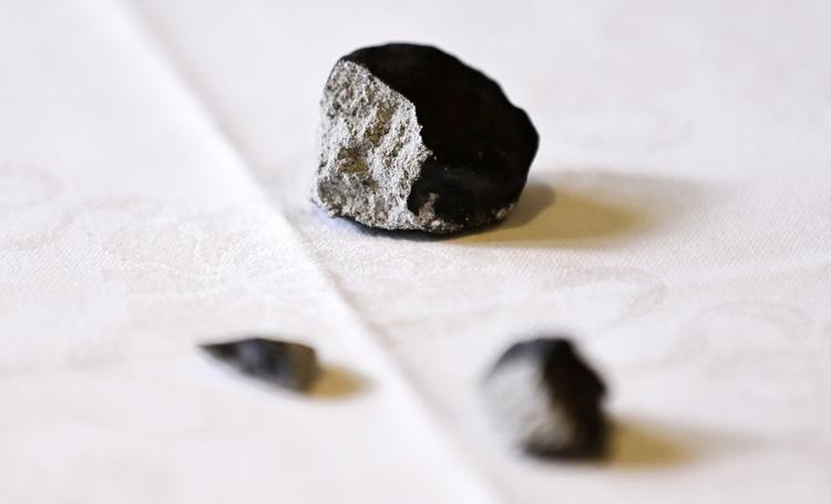 Meteorit. Her ses meteoritten, der blev fundet i weekenden i Ejby. Den er netop nu på vej til Italien for at blive undersøgt nærmere. 